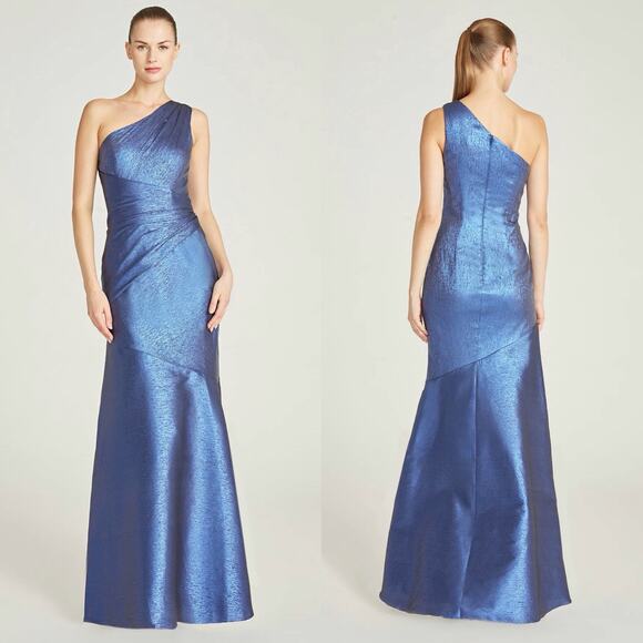 Theia Dresses & Skirts - Theia One Shoulder Ruched Gown Sail Blue Silk Metallic Formal Wedding Size 2
